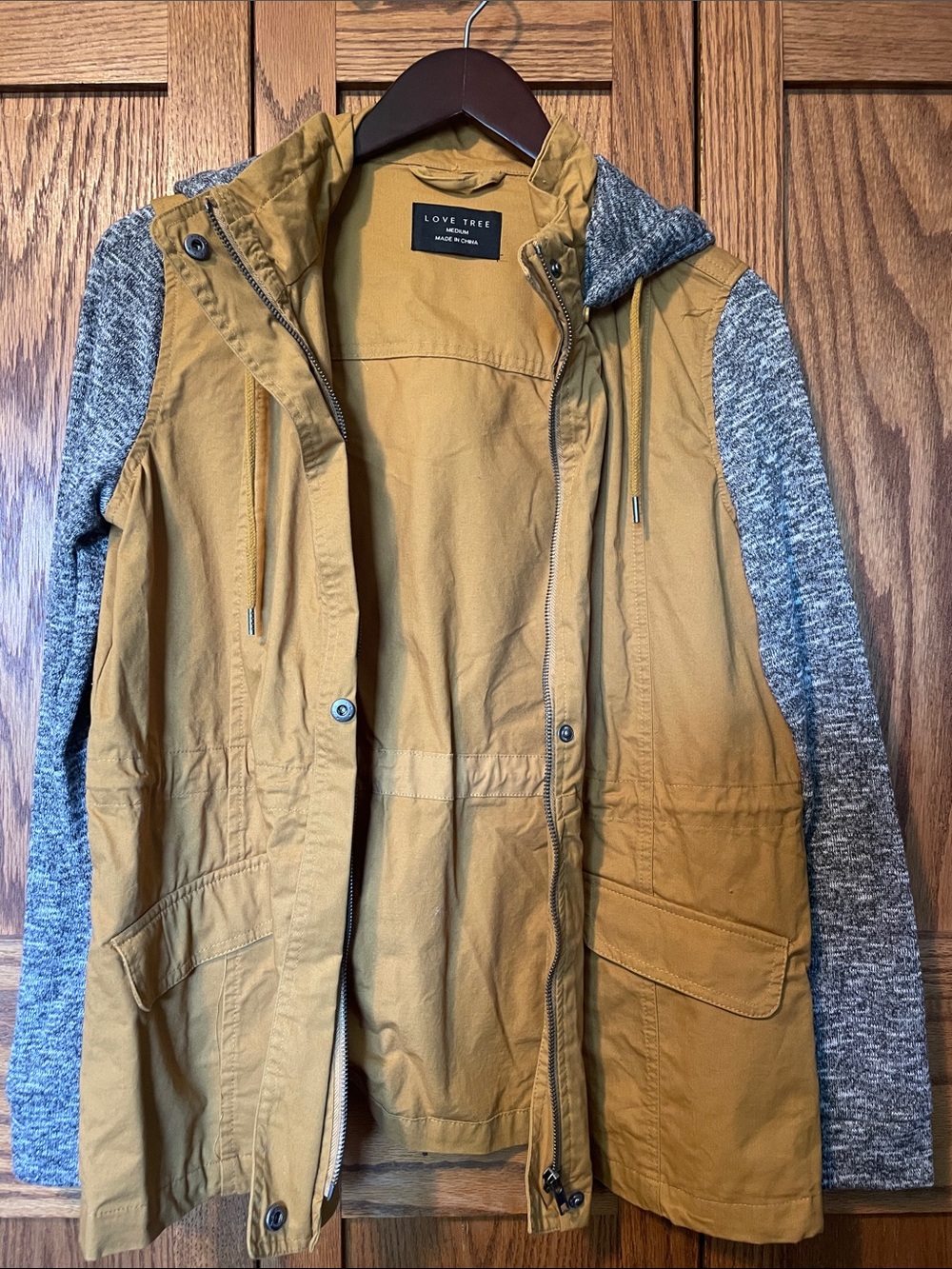 Love Tree Mustard Hooded Jacket with Gray Knit Sleeves